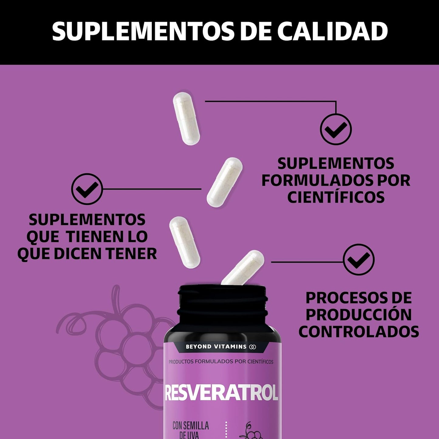 Trans-Resveratrol | 1160mg por Porción y con Pimienta Negra para mejor absorción, Vitamina C, Semilla de Uva y Acai | Fórmula alta en Polifenoles | 100% vegano (180 Cápsulas)