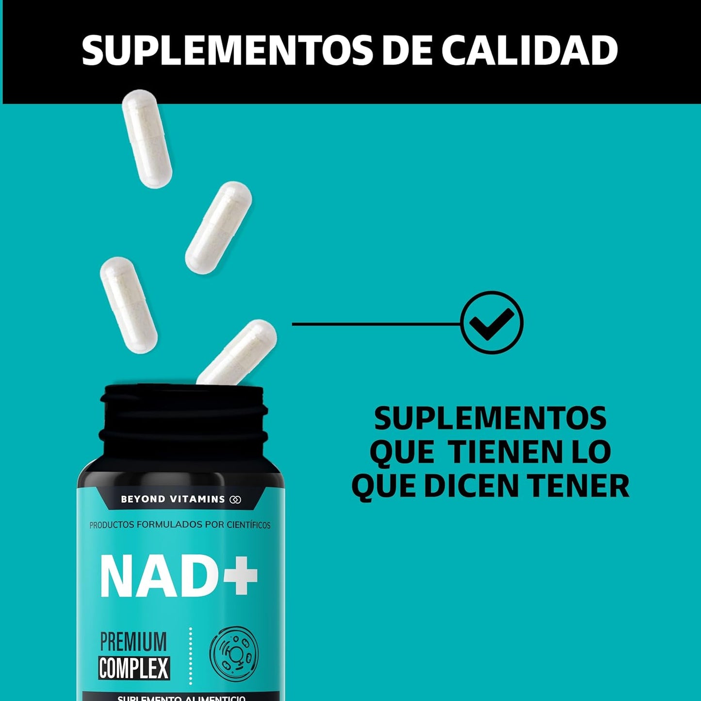 NAD+ | NR Nicotinamida Ribosa potenciado con Resveratrol, Quercetina, Betaina HCL y Semilla de Uva | Suplementos Beyond Vitamins | 30 días.