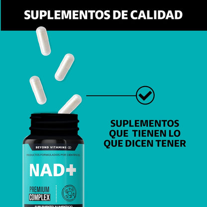 NAD+ | NR Nicotinamida Ribosa potenciado con Resveratrol, Quercetina, Betaina HCL y Semilla de Uva | Suplementos Beyond Vitamins | 30 días.