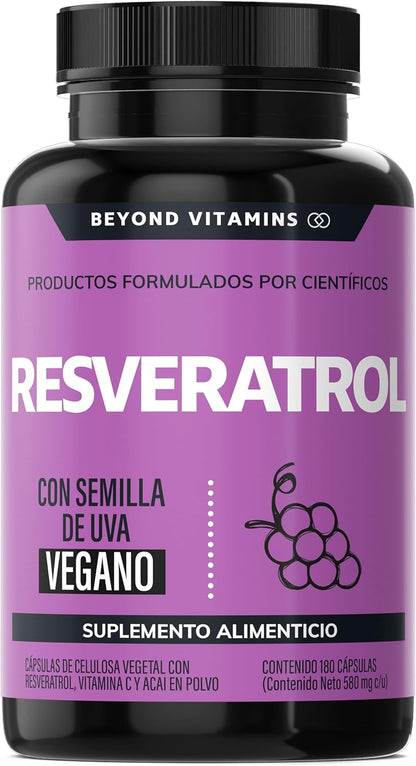 Trans-Resveratrol | 1160mg por Porción y con Pimienta Negra para mejor absorción, Vitamina C, Semilla de Uva y Acai | Fórmula alta en Polifenoles | 100% vegano (180 Cápsulas)