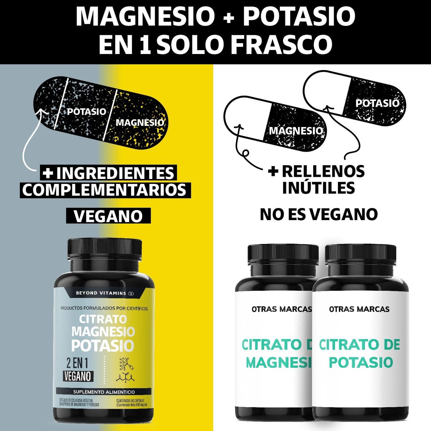 Citrato de Magnesio + Citrato de Potasio | 1334 mg de citrato de magnesio y citrato de potasio | Adicionados con Platano en Polvo, Curcuma y Arroz | Cápsulas sin rellenos | Vegano | Citrate Magnesium + Potassium Citrate-180 cápsulas