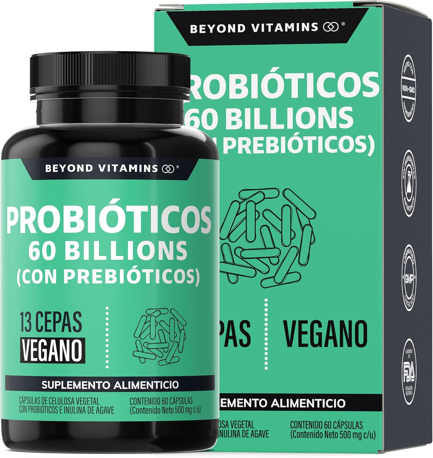 Probioticos 60 Billion UFC + Prebióticos+ inulina de agave | 13 cepas | Fórmula Completa | Con Tecnología de microencapsulación de 4 capas | Para Hombres y Mujeres | Sin Rellenos| Vegano|60 cápsulas