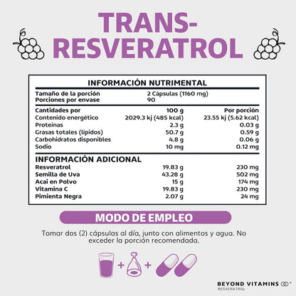 Trans-Resveratrol | 1160mg por Porción y con Pimienta Negra para mejor absorción, Vitamina C, Semilla de Uva y Acai | Fórmula alta en Polifenoles | 100% vegano (180 Cápsulas)