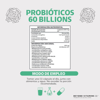 Probioticos 60 Billion UFC + Prebióticos+ inulina de agave | 13 cepas | Fórmula Completa | Con Tecnología de microencapsulación de 4 capas | Para Hombres y Mujeres | Sin Rellenos| Vegano|60 cápsulas