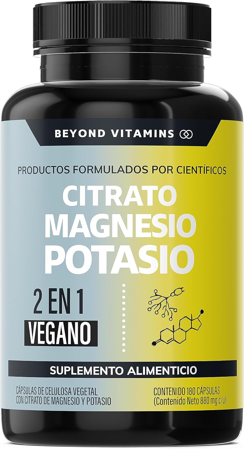 Citrato de Magnesio + Citrato de Potasio | 1334 mg de citrato de magnesio y citrato de potasio | Adicionados con Platano en Polvo, Curcuma y Arroz | Cápsulas sin rellenos | Vegano | Citrate Magnesium + Potassium Citrate-180 cápsulas