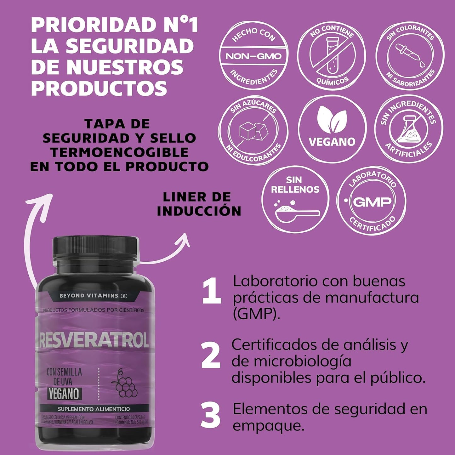 Trans-Resveratrol | 1160mg por Porción y con Pimienta Negra para mejor absorción, Vitamina C, Semilla de Uva y Acai | Fórmula alta en Polifenoles | 100% vegano (180 Cápsulas)