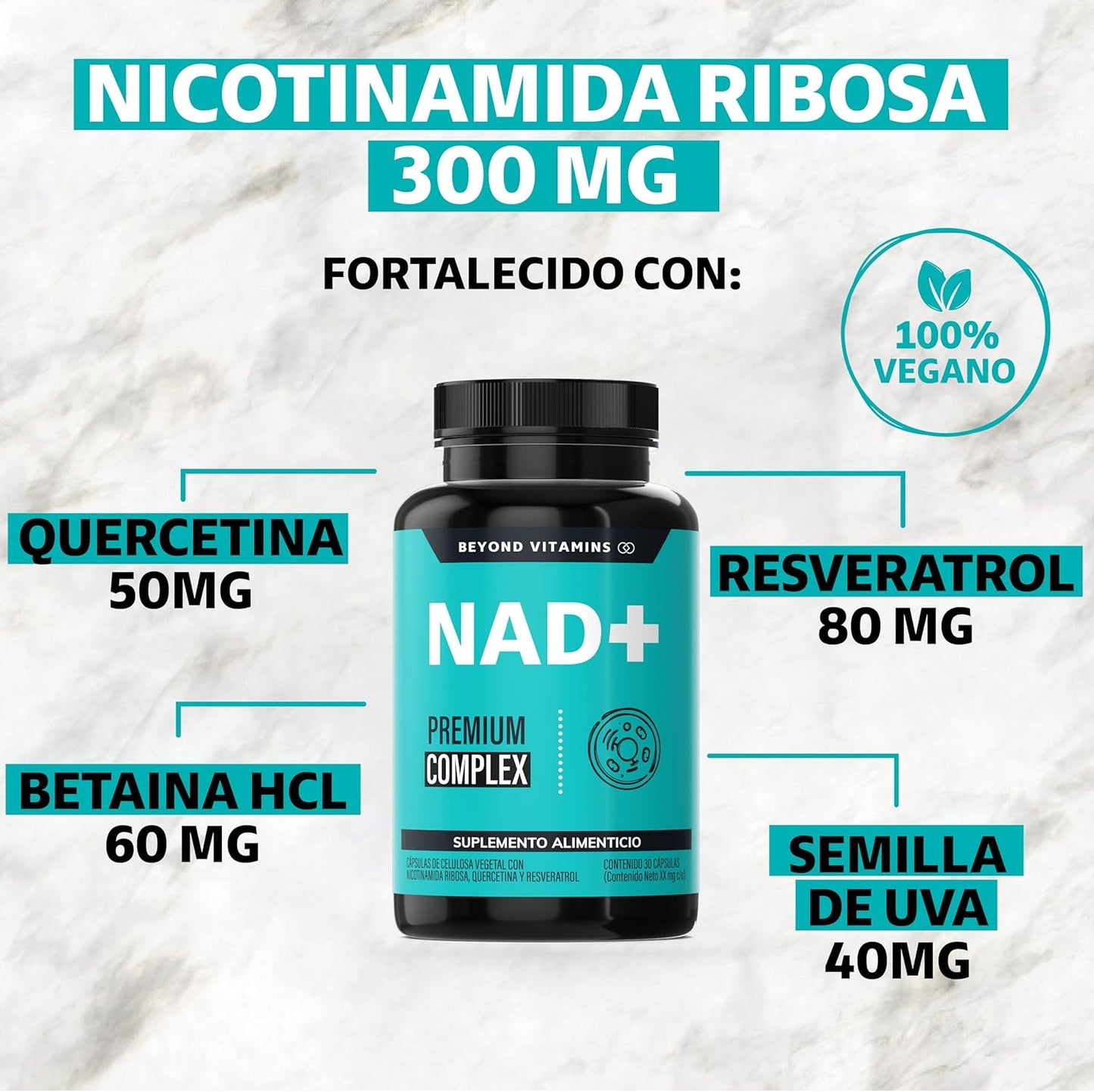 NAD+ | NR Nicotinamida Ribosa potenciado con Resveratrol, Quercetina, Betaina HCL y Semilla de Uva | Suplementos Beyond Vitamins | 30 días.