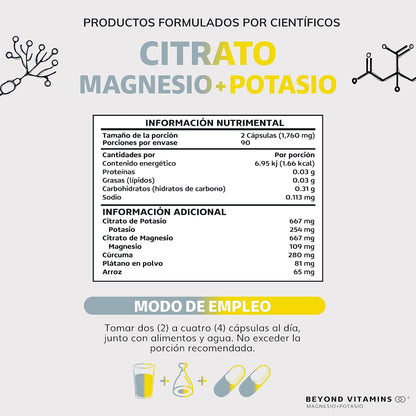 Citrato de Magnesio + Citrato de Potasio | 1334 mg de citrato de magnesio y citrato de potasio | Adicionados con Platano en Polvo, Curcuma y Arroz | Cápsulas sin rellenos | Vegano | Citrate Magnesium + Potassium Citrate-180 cápsulas