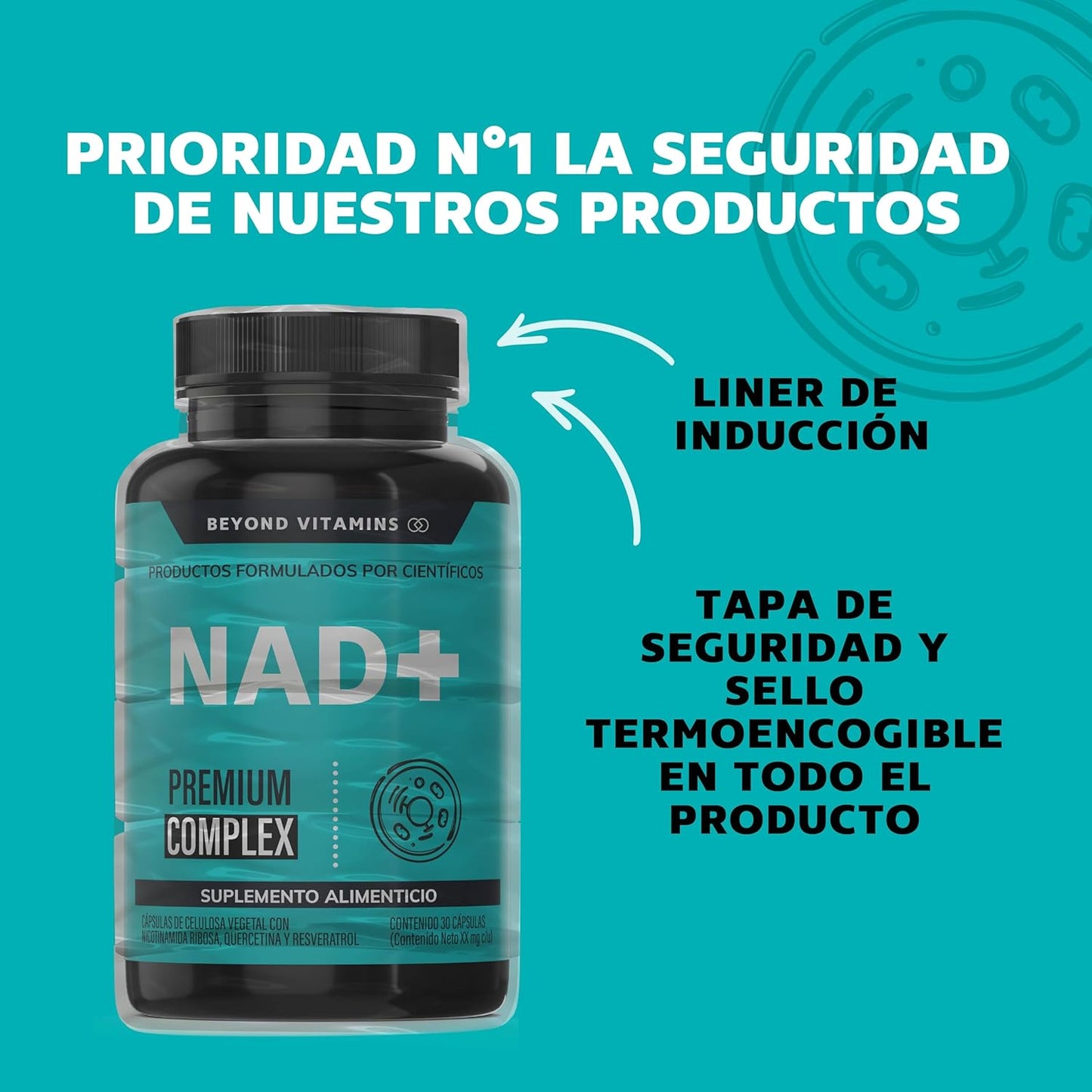 NAD+ | NR Nicotinamida Ribosa potenciado con Resveratrol, Quercetina, Betaina HCL y Semilla de Uva | Suplementos Beyond Vitamins | 30 días.