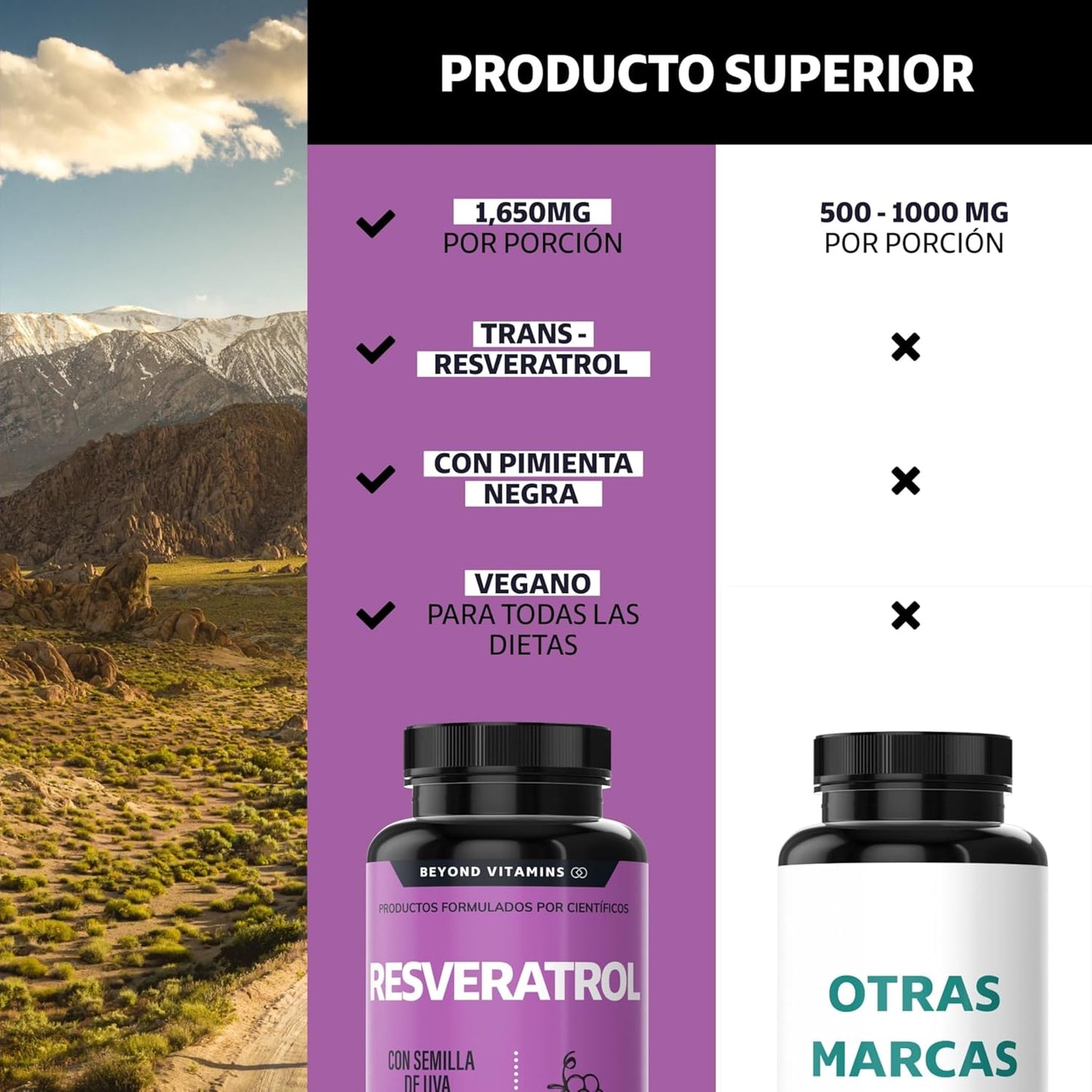 Trans-Resveratrol | 1160mg por Porción y con Pimienta Negra para mejor absorción, Vitamina C, Semilla de Uva y Acai | Fórmula alta en Polifenoles | 100% vegano (180 Cápsulas)