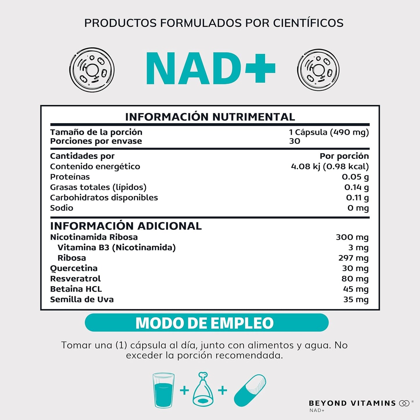 NAD+ | NR Nicotinamida Ribosa potenciado con Resveratrol, Quercetina, Betaina HCL y Semilla de Uva | Suplementos Beyond Vitamins | 30 días.