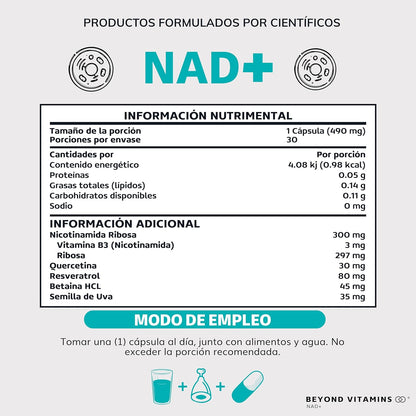 NAD+ | NR Nicotinamida Ribosa potenciado con Resveratrol, Quercetina, Betaina HCL y Semilla de Uva | Suplementos Beyond Vitamins | 30 días.