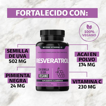 Trans-Resveratrol | 1160mg por Porción y con Pimienta Negra para mejor absorción, Vitamina C, Semilla de Uva y Acai | Fórmula alta en Polifenoles | 100% vegano (180 Cápsulas)