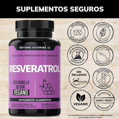 Trans-Resveratrol | 1160mg por Porción y con Pimienta Negra para mejor absorción, Vitamina C, Semilla de Uva y Acai | Fórmula alta en Polifenoles | 100% vegano (180 Cápsulas)