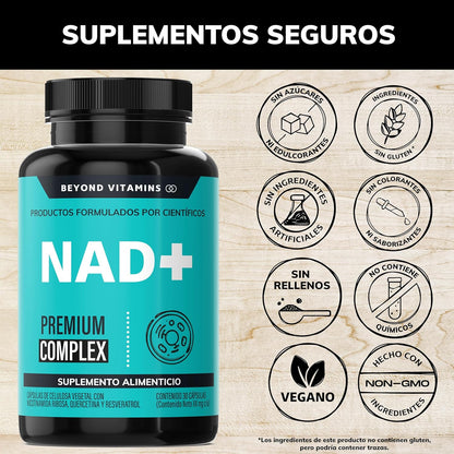 NAD+ | NR Nicotinamida Ribosa potenciado con Resveratrol, Quercetina, Betaina HCL y Semilla de Uva | Suplementos Beyond Vitamins | 30 días.